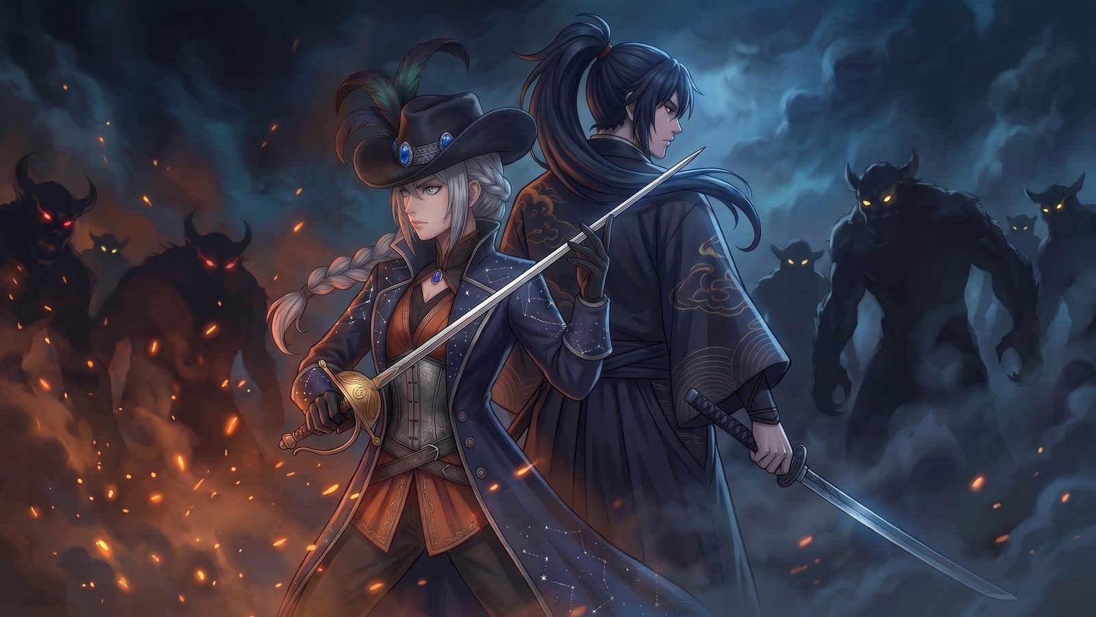 Brave the Descent key art: two heroes back to back with drawn blades, surrounded by shadowy horned monsters